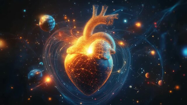 Glowing golden heart radiating energy in a cosmic galaxy filled with star and planet, universal love, deep passion, spiritual connection, infinite romance.