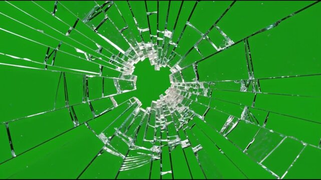 Realistic shattered glass impact on chroma key green background