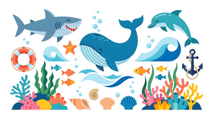 Fototapeta premium Collection of ocean wildlife featuring cute sea animals and coral reefs