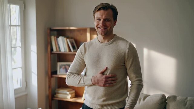 Smiling man wearing beige sweater placing hand on chest at home by shelf, camera starting, thanking