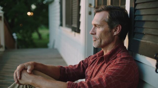 Sitting man in red plaid shirt on porch, warm light drawing him into sighing, copy space