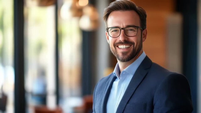 A man wearing glasses and a suit is smiling.