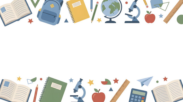 School supplies arranged in a flat lay border on a white background style