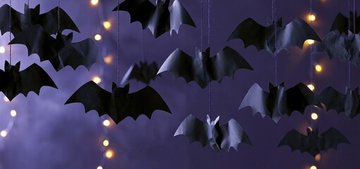 Fototapeta premium Against a rich purple background, black paper bats dangle amidst gentle glowing lights for Halloween decor.