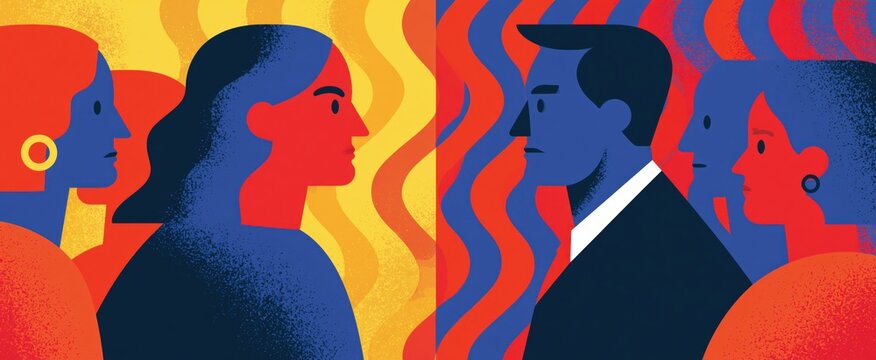 Illustration of political rivalry between two opposing groups representing social and economic division during an election.
