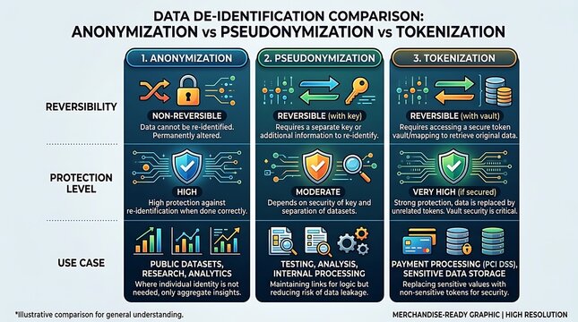 Data de-identification comparison for privacy and security
