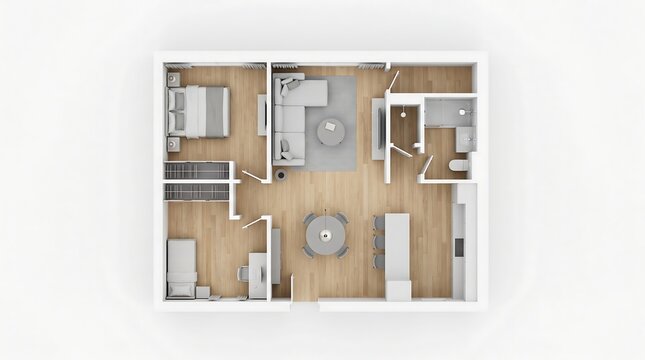 Topdown 2d floor plan of a modern apartment with living area and bedrooms