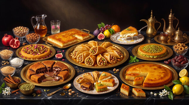 Grand assortment of Middle Eastern desserts, kunafa with molten chocolate, baklava, and fresh fruits.