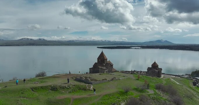 Aerial view of Sevanavank monastery on the peninsula with Lake Sevan in the background, Armenia