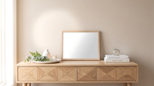 Wooden console table with mirror and decor in a minimalist room