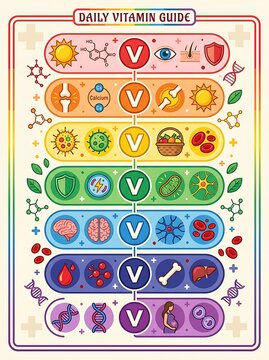 Daily vitamin guide infographic with colorful health icons and benefits