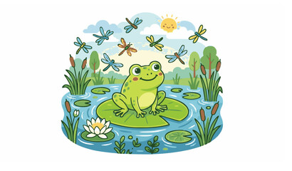 Obraz premium Cute Frog Sitting on a Lily Pad with Dragonflies – Vector Cartoon Illustration Isolated on White Background