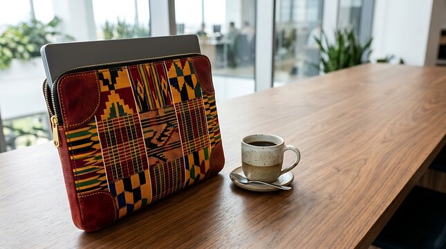 Laptop in colorful ethnic pattern sleeve on wooden office desk