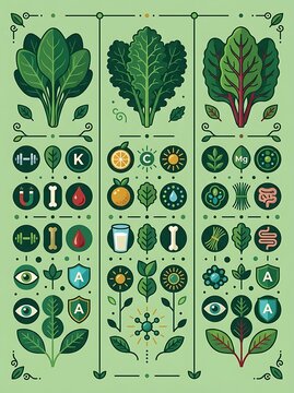 Healthy leafy green vegetables infographic with nutritional icons