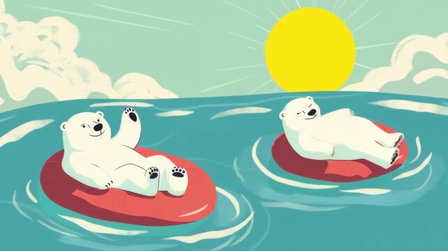 Two cute polar bear relaxing on inflatable ring floating in calm water under a sunny sky, playful summer animal, cool vacation vibe, charming wildlife illustration, leisure fun.