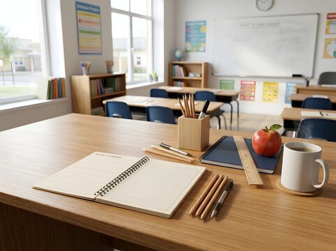 Bright elementary school classroom with desks supplies and an apple on a wooden table