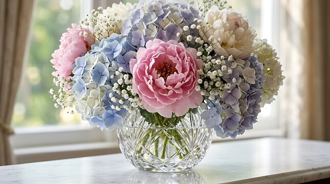 Floral arrangement of peonies and hydrangeas in a crystal vase