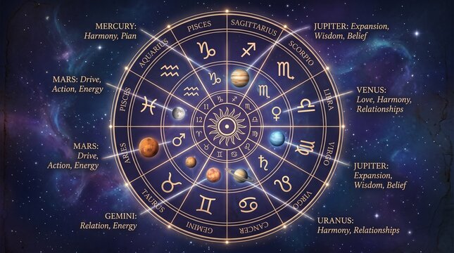 A zodiac wheel astrology chart set against a starry night sky background