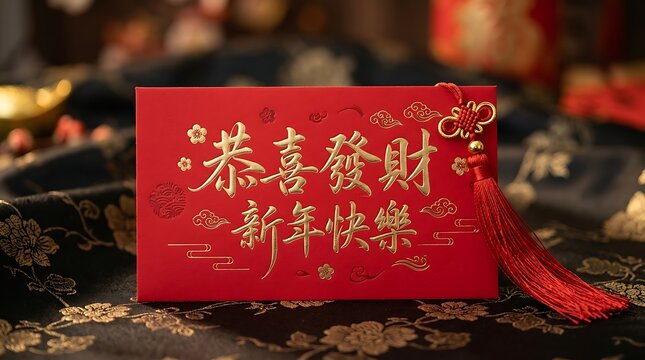 Red envelope with gold calligraphy and tassel for lunar new year