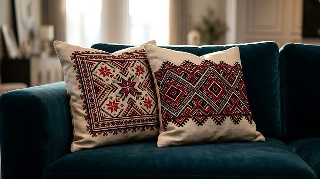 Traditional embroidered cushions on a teal velvet sofa at home