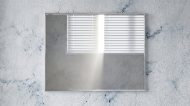Rectangular mirror with a silver frame hanging on a textured marble wall
