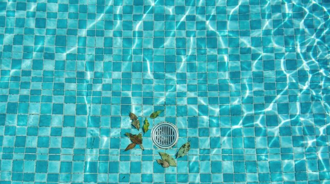 Mosaic tiled swimming pool floor with center drain and scattered leaves creating rippling reflections in clear turquoise water under midday sunlight