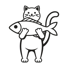 Obraz premium Cute cartoon cat holding a big fish vector illustration