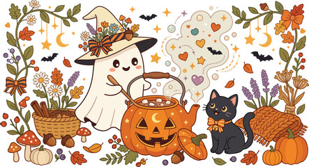 Fototapeta premium Cute ghost wearing a floral witch hat with a jack o lantern cauldron and black cat surrounded by autumn fall foliage