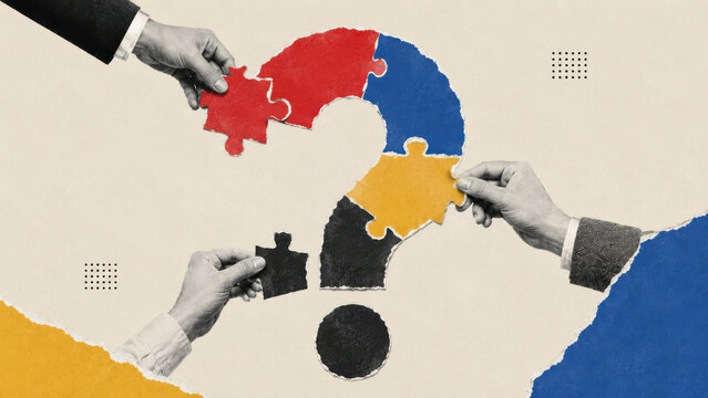 Business problem solving and group teamwork paper collage with corporate hands building a question mark from colorful puzzle parts