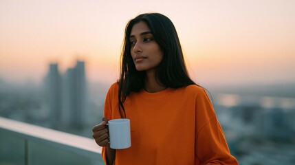 Naklejka premium Woman drinking coffee on rooftop terrace at sunset portrait for lifestyle background and banner design
