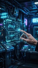 Fototapeta premium AI ethics consultant's hand interacting with floating holographic dashboards, advanced analytics, futuristic interface panels, cinematic lighting, ultra realistic, Gen by AI 