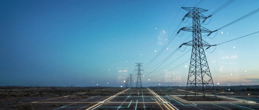 Smart grid technology with power lines and digital data interfaces, representing futuristic energy distribution and network management in a modern technological landscape