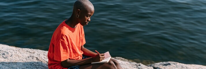 Obraz premium Young man journaling by lake on rocky shore in orange shirt for peaceful background and banner design