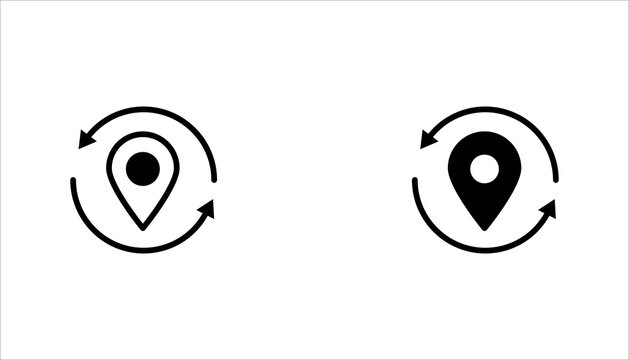 Outline location pin surrounded by circular arrows representing GPS tracking, navigation, location updates, route monitoring, and logistics.