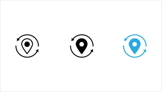 Outline location pin surrounded by circular arrows representing GPS tracking, navigation, location updates, route monitoring, and logistics.