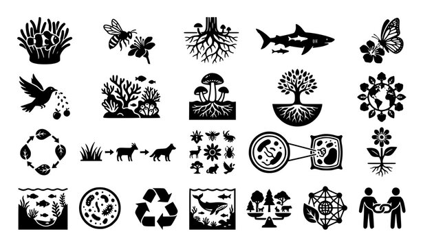 Symbiosis and Ecology Icon Set with Clownfish Bee Pollination Mycorrhiza Shark Remora and Mutualism Symbols