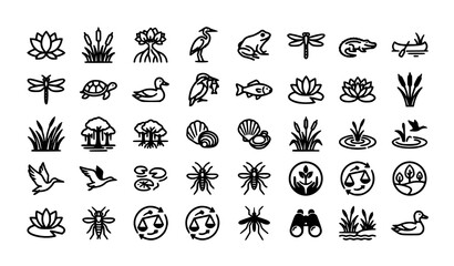 Fototapeta premium Wetland Ecology Icon Collection with Marsh Plants Heron Dragonfly Frog and Mangrove Symbols