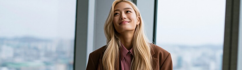Fototapeta premium Content professional woman with long blonde hair in brown blazer by city window for corporate portrait background and banner design