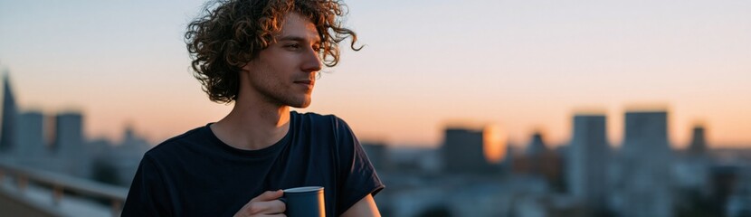 Naklejka premium Young man holding a coffee mug on a rooftop at sunset with a blurred city skyline background for lifestyle banner and social media header use