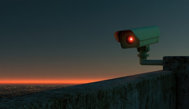 Surveillance Camera Monitoring at Dusk with Red Light Glowing.