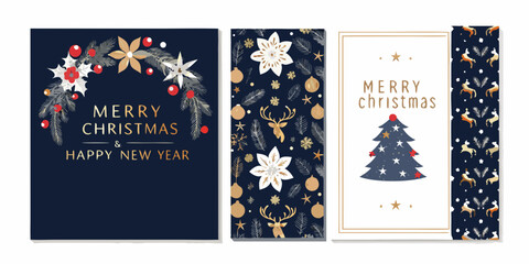 Floral ornament and reindeer pattern on holiday greeting cards vector illustration © MituRani