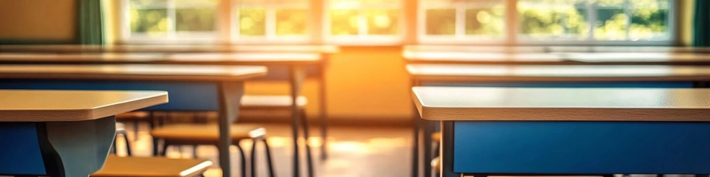Empty Classroom With Typical School Desks and Chairs and Bright Sunny Window Light in Background