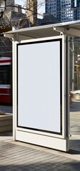 Fototapeta premium Blank Toronto bus shelter advertising display mockup. Blank white billboard poster display provides copy space at a downtown bus stop