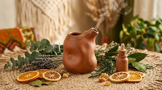 Clay aromatherapy diffuser with herbs and dried orange slices