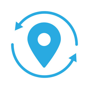 Outline location pin surrounded by circular arrows representing GPS tracking, navigation, location updates, route monitoring, and logistics.