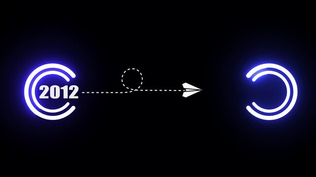 Animated paper airplane transitioning from 2012 to 2013 with glowing neon circular UI year,4k video.