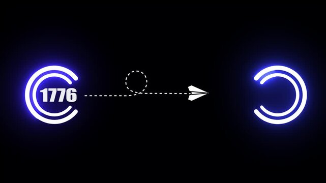 Animated paper airplane traveling from 1776 to 2026, conceptual time travel motion with glowing neon circular Hud on black background.