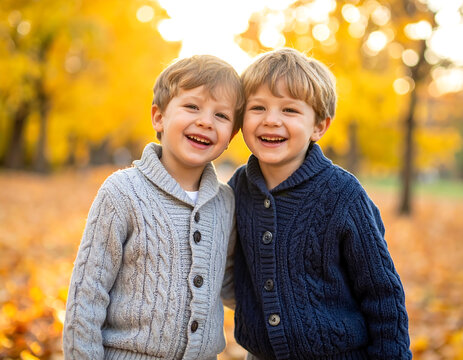 Two happy caucasian brothers smiling together in yellow autumn park