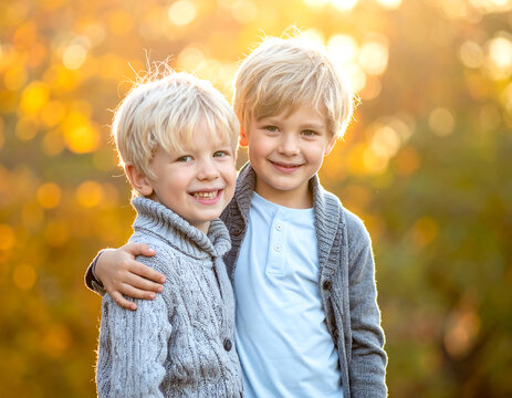 Caucasian brothers standing together in yellow autumn park at sunset