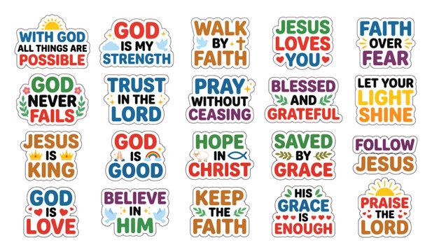 Christian faith and spiritual inspirational quote stickers set with christian religious spiritual